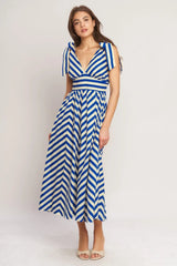 BLUE VOYAGE STRIPE WOVEN MIDI DRESS - Flying Tomato - Flyclothing LLC