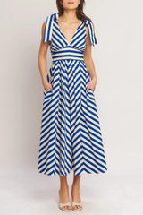 BLUE VOYAGE STRIPE WOVEN MIDI DRESS - Flying Tomato - Flyclothing LLC