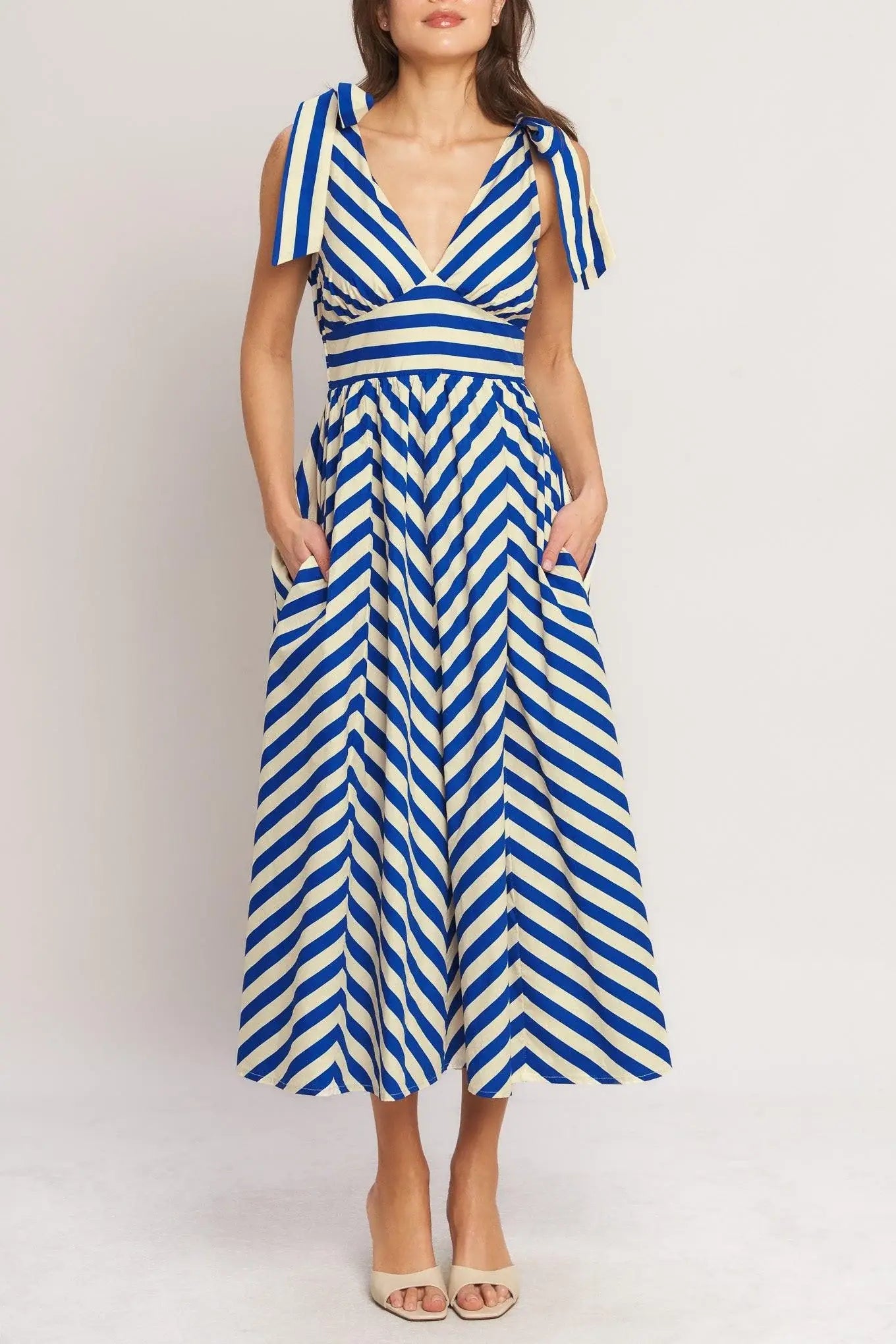 BLUE VOYAGE STRIPE WOVEN MIDI DRESS - Flying Tomato - Flyclothing LLC