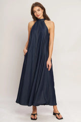 MIDNIGHT FLOW WOVEN MIDI HALTER DRESS - Flying Tomato - Flyclothing LLC