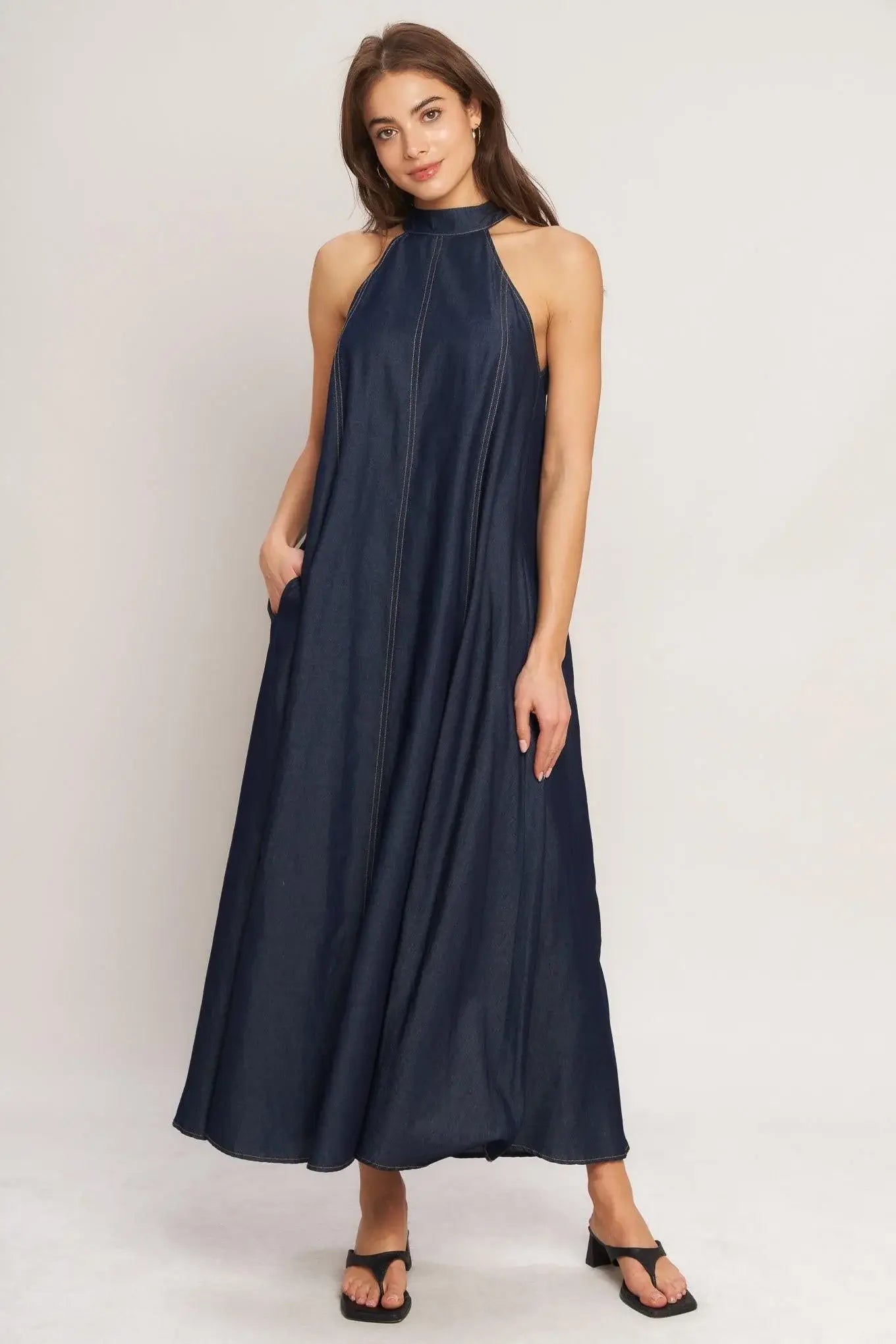 MIDNIGHT FLOW WOVEN MIDI HALTER DRESS - Flying Tomato - Flyclothing LLC