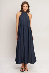 MIDNIGHT FLOW WOVEN MIDI HALTER DRESS - Flying Tomato - Flyclothing LLC