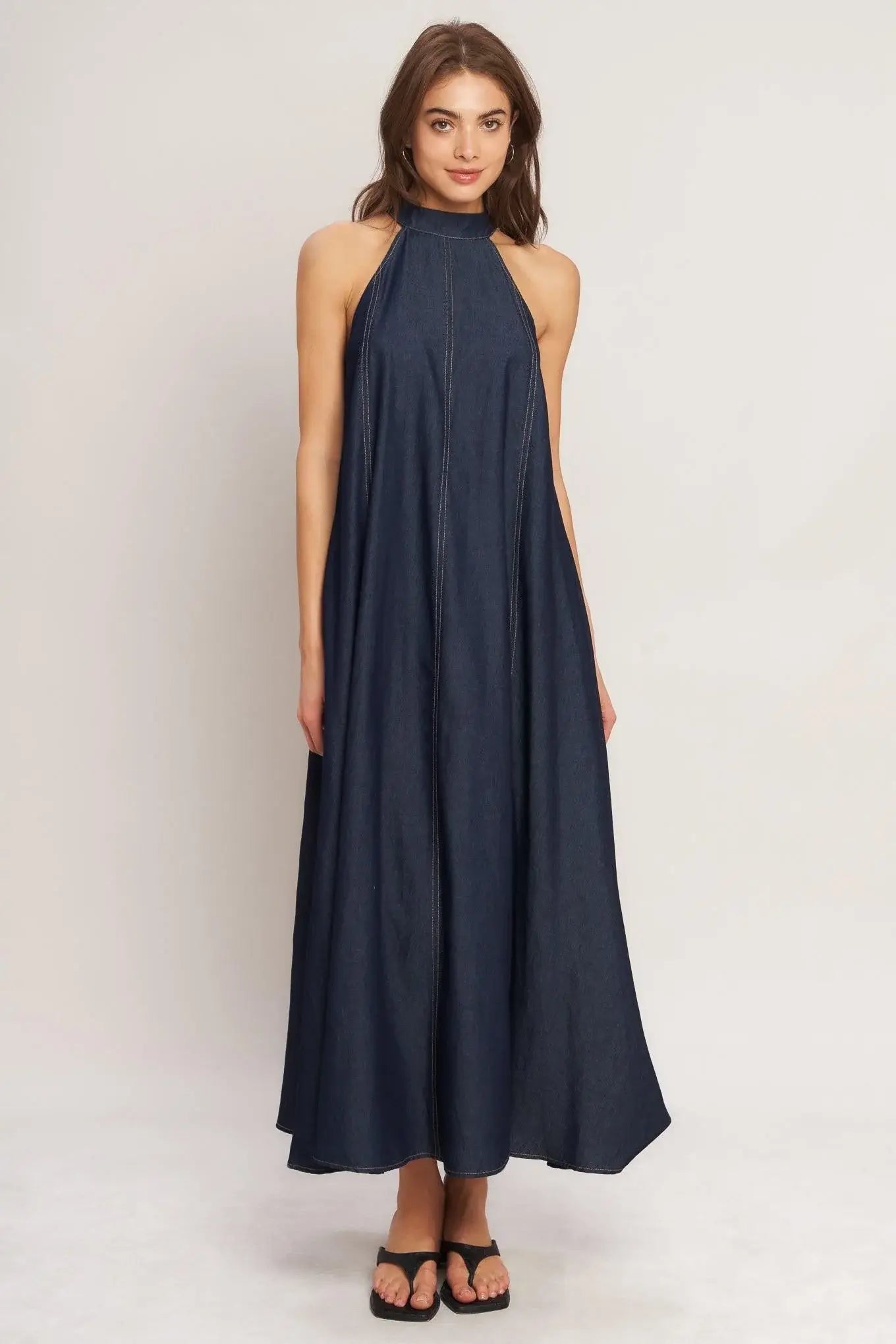MIDNIGHT FLOW WOVEN MIDI HALTER DRESS - Flying Tomato - Flyclothing LLC