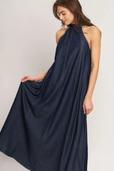 MIDNIGHT FLOW WOVEN MIDI HALTER DRESS - Flying Tomato - Flyclothing LLC
