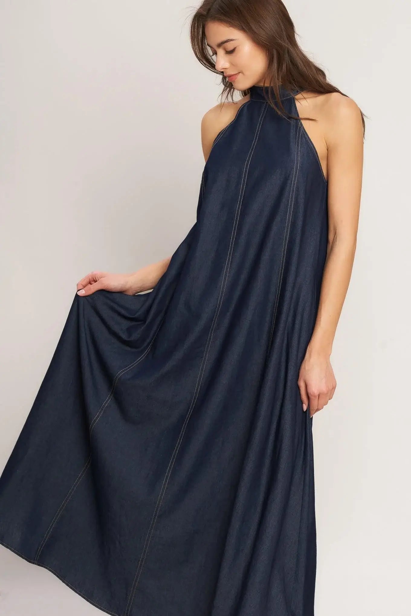 MIDNIGHT FLOW WOVEN MIDI HALTER DRESS - Flying Tomato - Flyclothing LLC