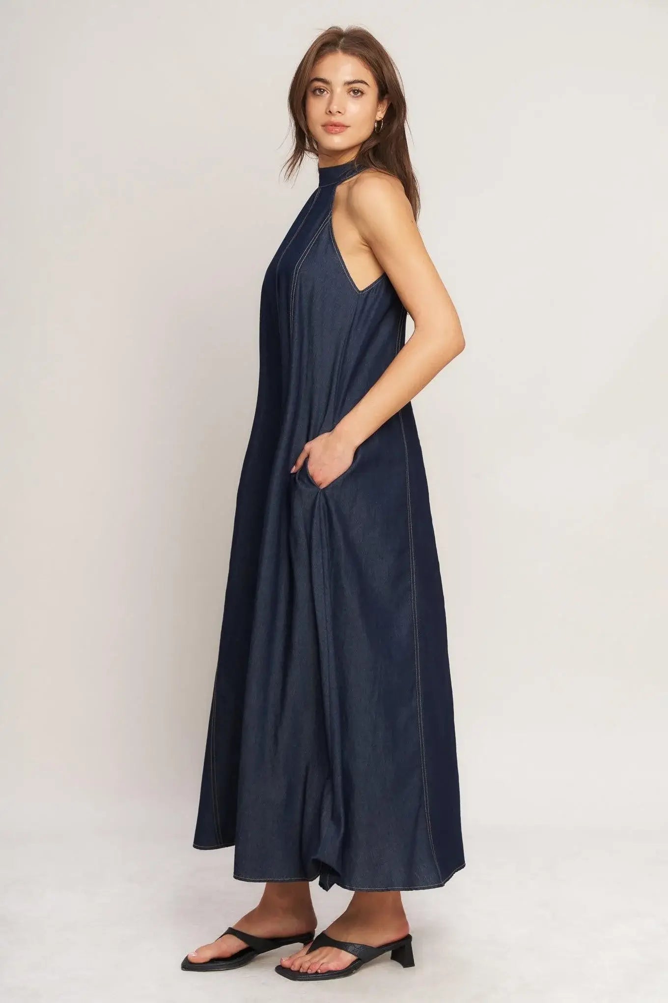 MIDNIGHT FLOW WOVEN MIDI HALTER DRESS - Flying Tomato - Flyclothing LLC