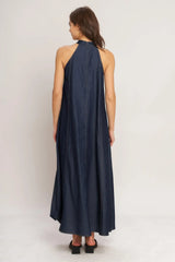 MIDNIGHT FLOW WOVEN MIDI HALTER DRESS - Flying Tomato - Flyclothing LLC