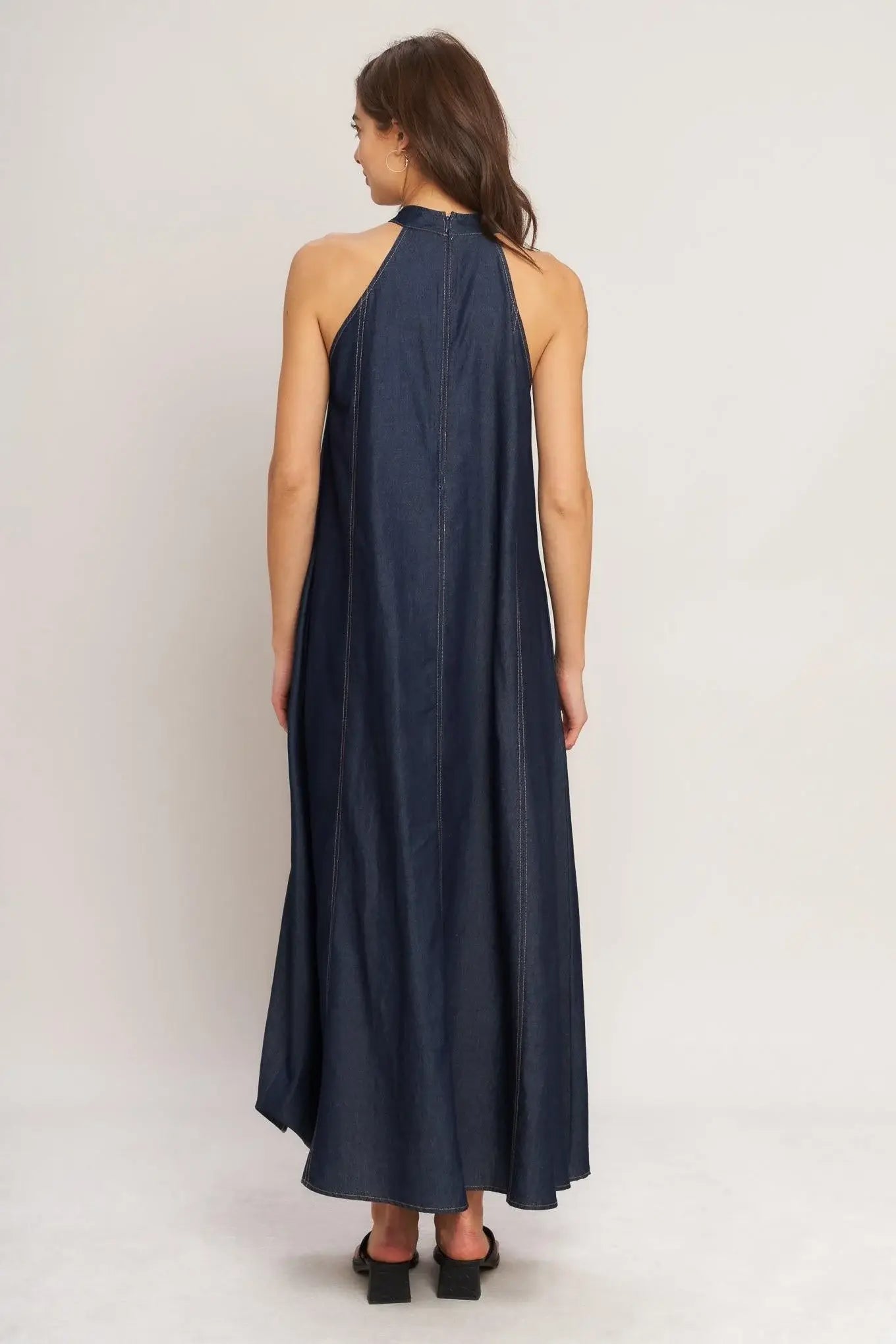 MIDNIGHT FLOW WOVEN MIDI HALTER DRESS - Flying Tomato - Flyclothing LLC