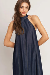 MIDNIGHT FLOW WOVEN MIDI HALTER DRESS - Flying Tomato - Flyclothing LLC