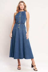 SUNDAY STROLL DENIM MIDI DRESS - Flying Tomato - Flyclothing LLC