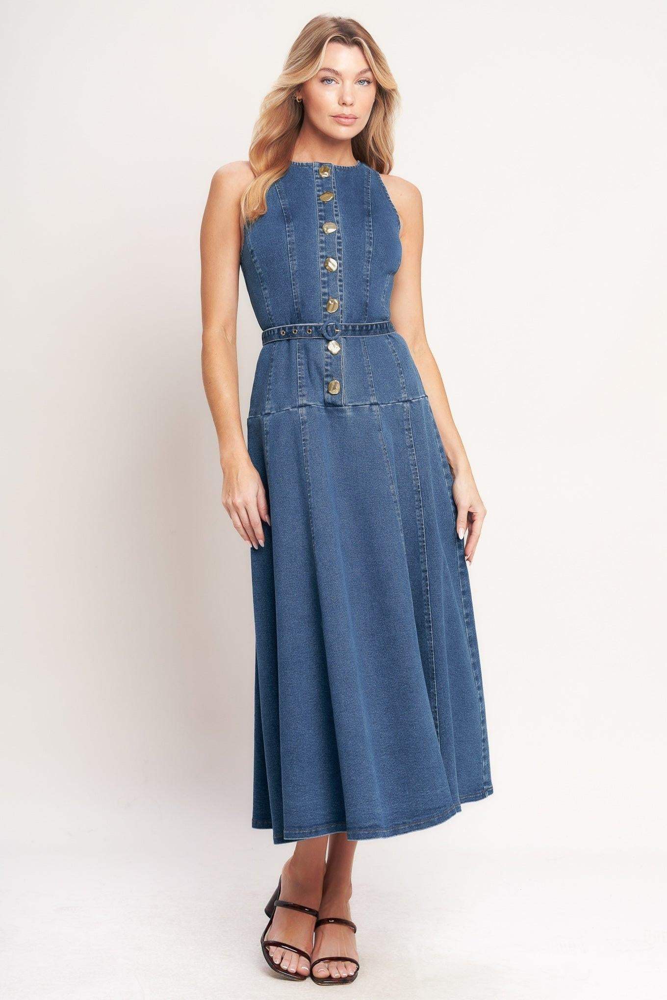 SUNDAY STROLL DENIM MIDI DRESS - Flying Tomato - Flyclothing LLC