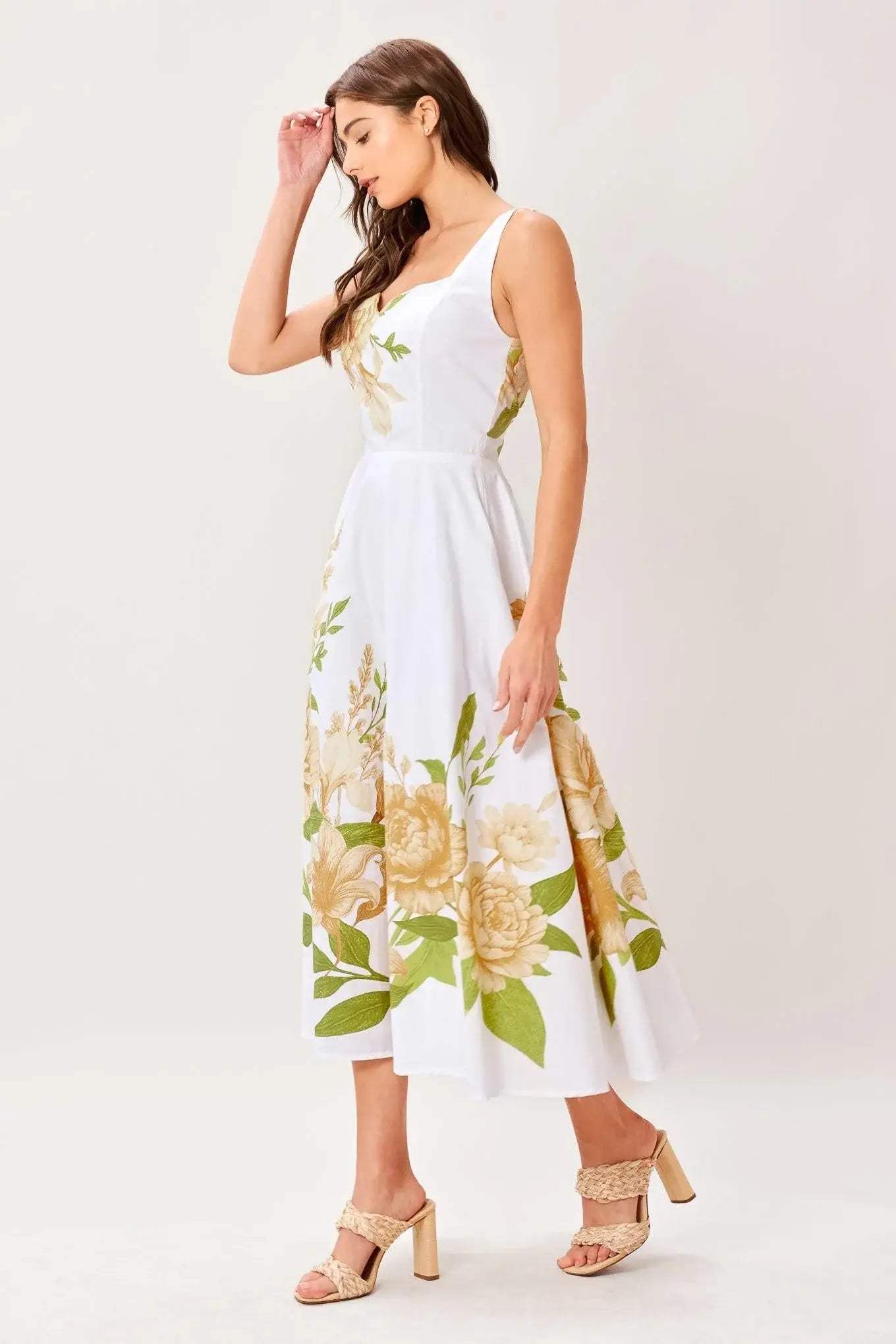 CREAM BOTANICA WOVEN MIDI DRESS - Flying Tomato - Flyclothing LLC
