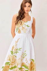 CREAM BOTANICA WOVEN MIDI DRESS - Flying Tomato - Flyclothing LLC