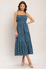 NAUTICAL DOT DENIM MIDI DRESS - Flying Tomato - Flyclothing LLC