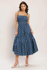 NAUTICAL DOT DENIM MIDI DRESS - Flying Tomato - Flyclothing LLC