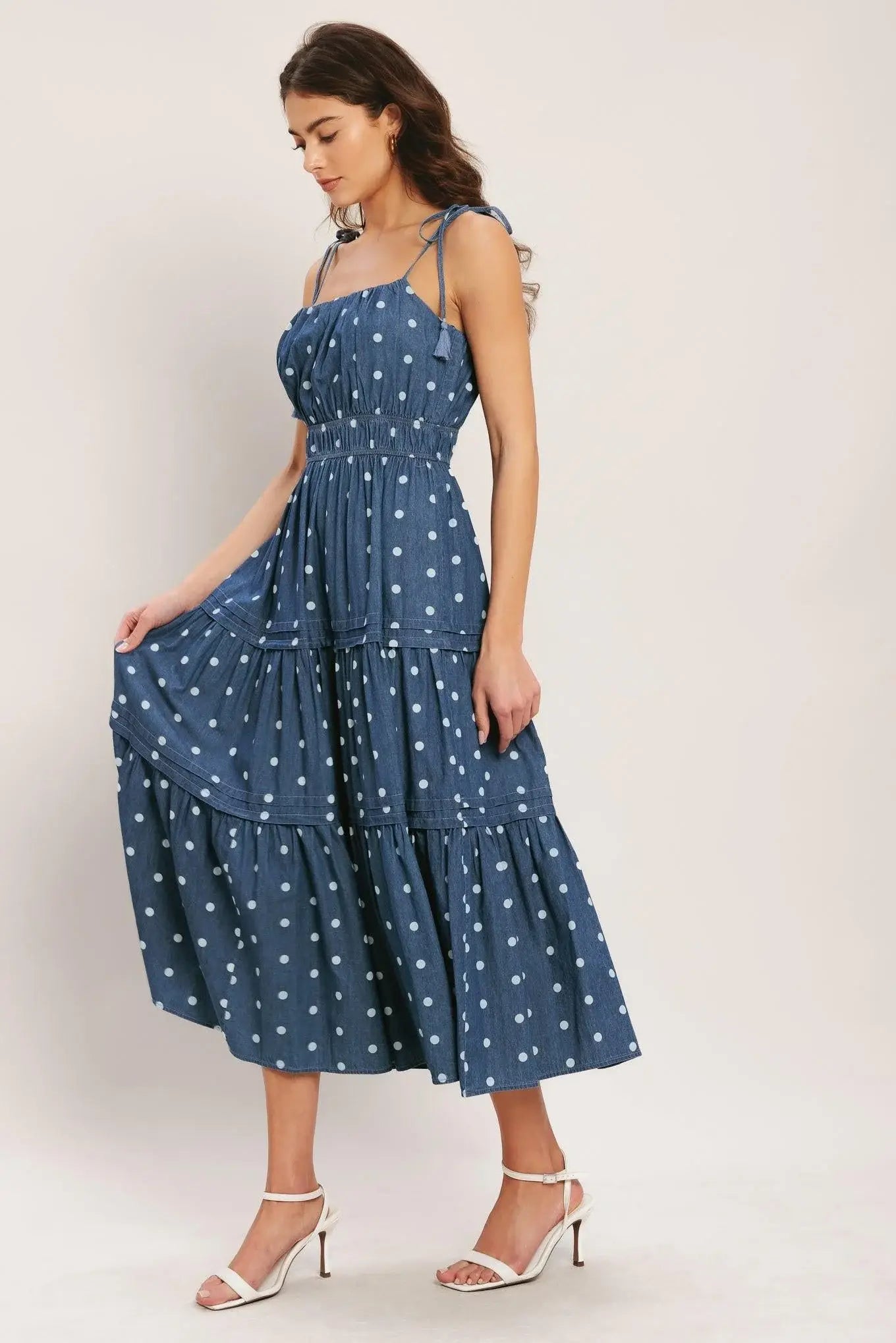 NAUTICAL DOT DENIM MIDI DRESS - Flying Tomato - Flyclothing LLC
