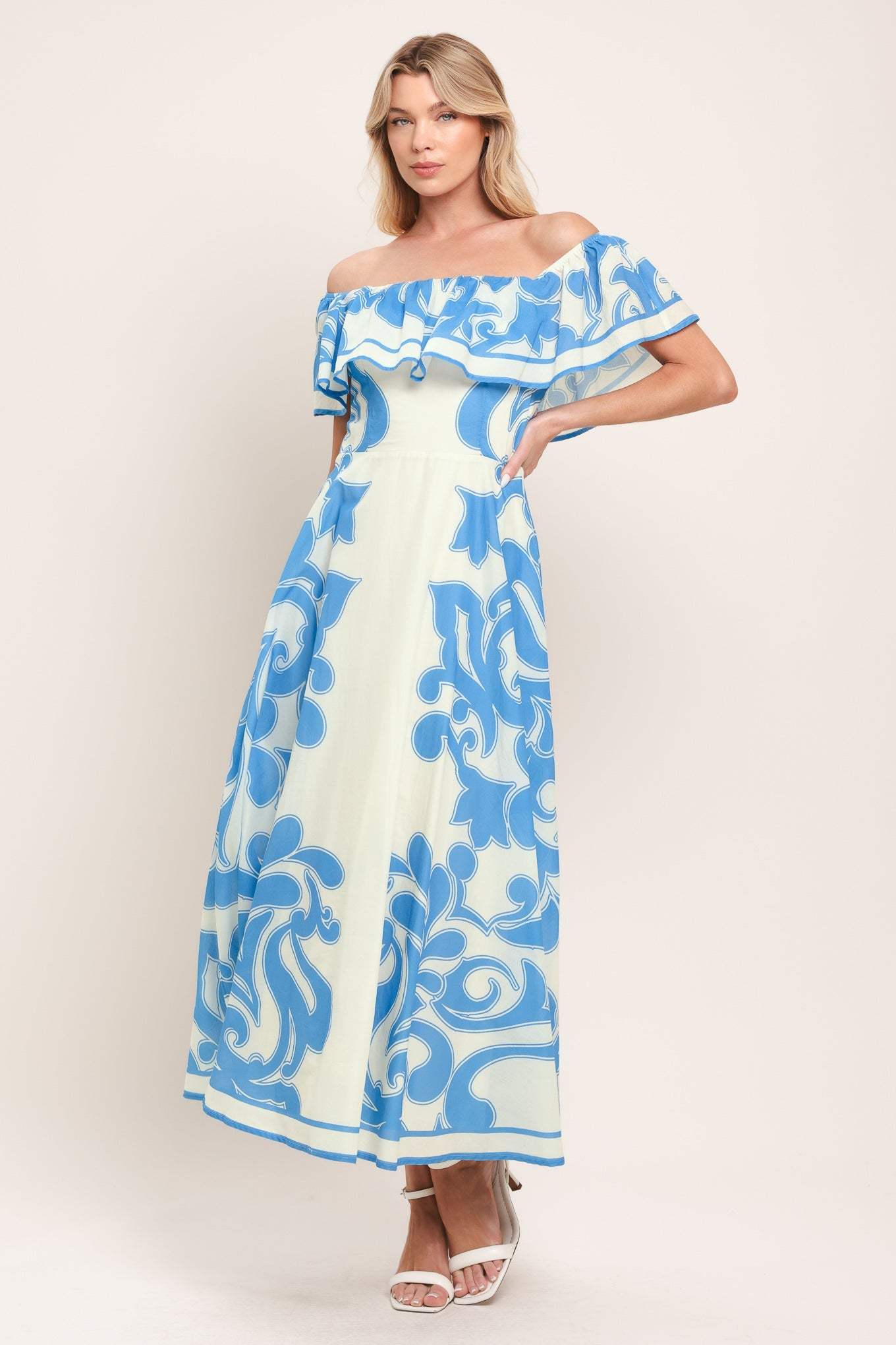 BLUE MAJOLICA WOVEN MIDI DRESS - Flying Tomato - Flyclothing LLC