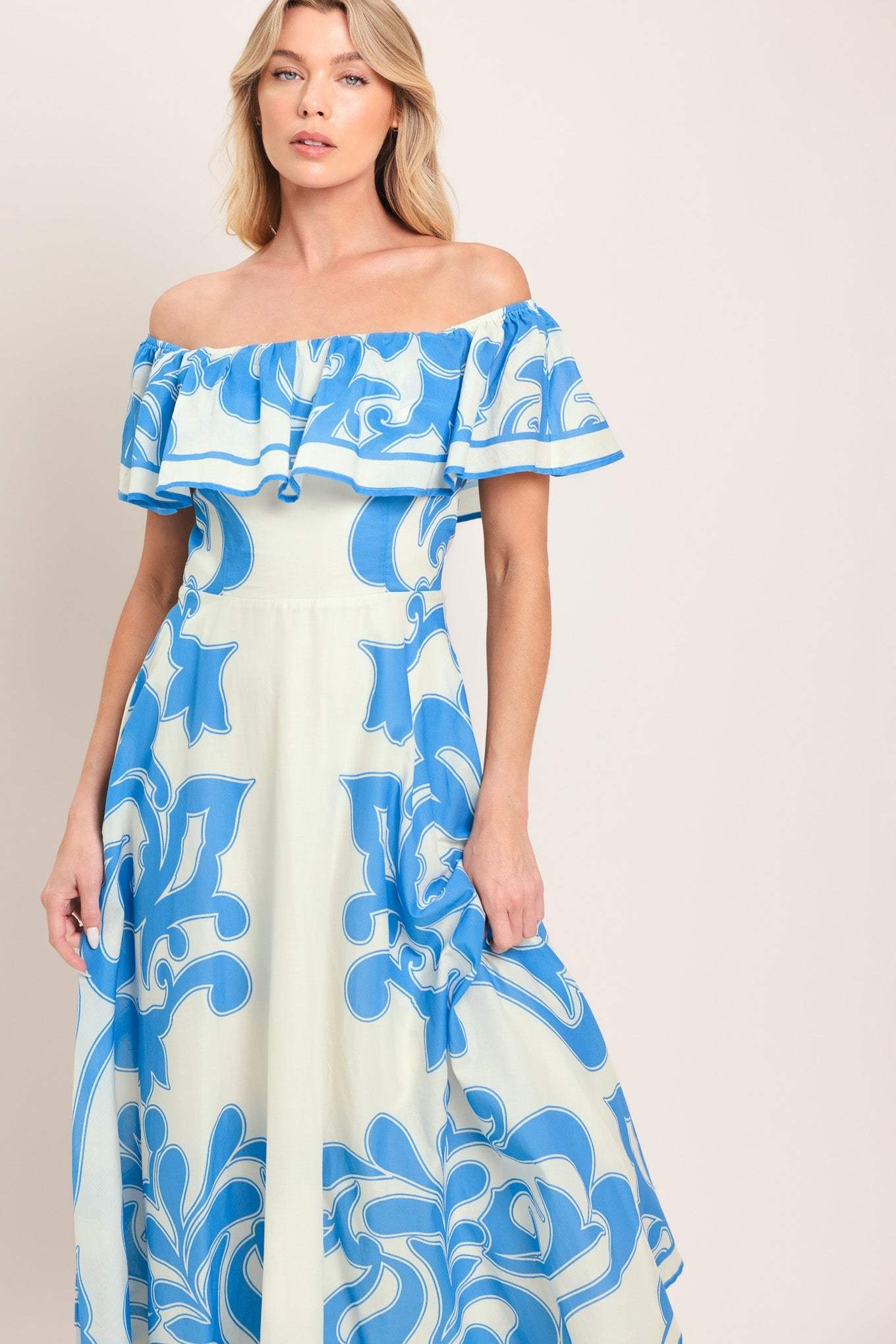BLUE MAJOLICA WOVEN MIDI DRESS - Flying Tomato - Flyclothing LLC