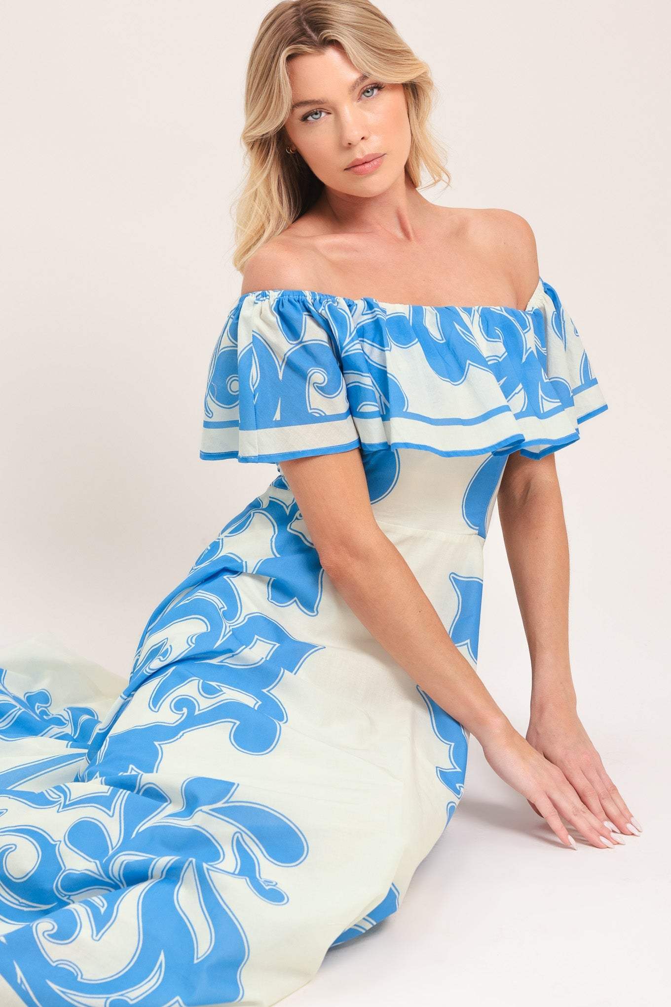 BLUE MAJOLICA WOVEN MIDI DRESS - Flying Tomato - Flyclothing LLC