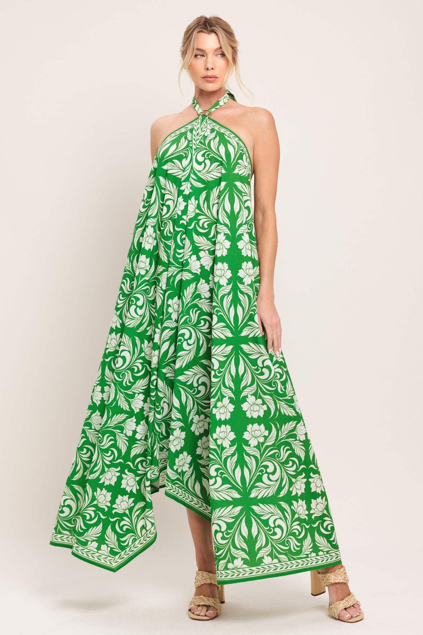 EMERALD BLOOM WOVEN MIDI SCARF DRESS - Flying Tomato - Flyclothing LLC