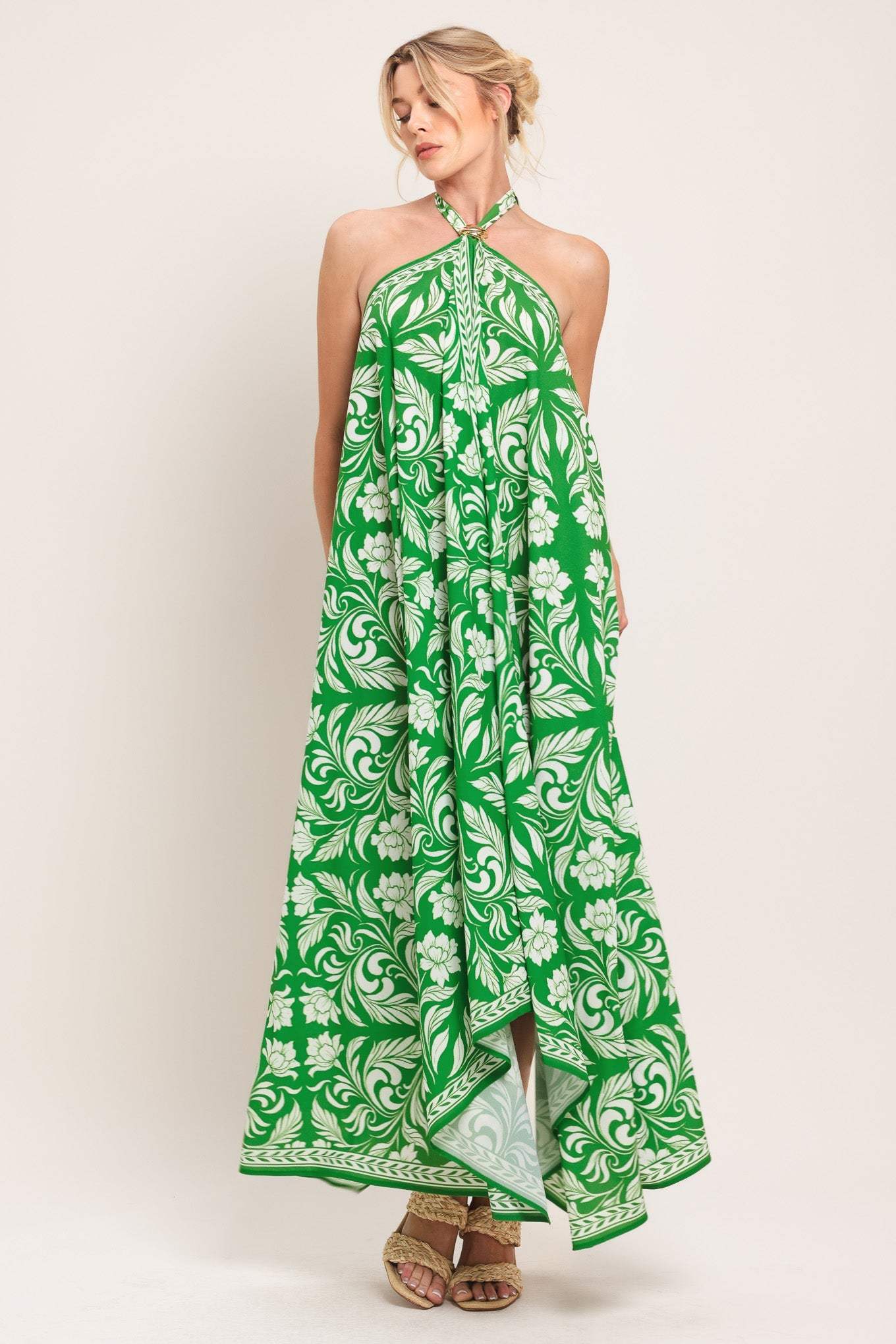 EMERALD BLOOM WOVEN MIDI SCARF DRESS - Flying Tomato - Flyclothing LLC