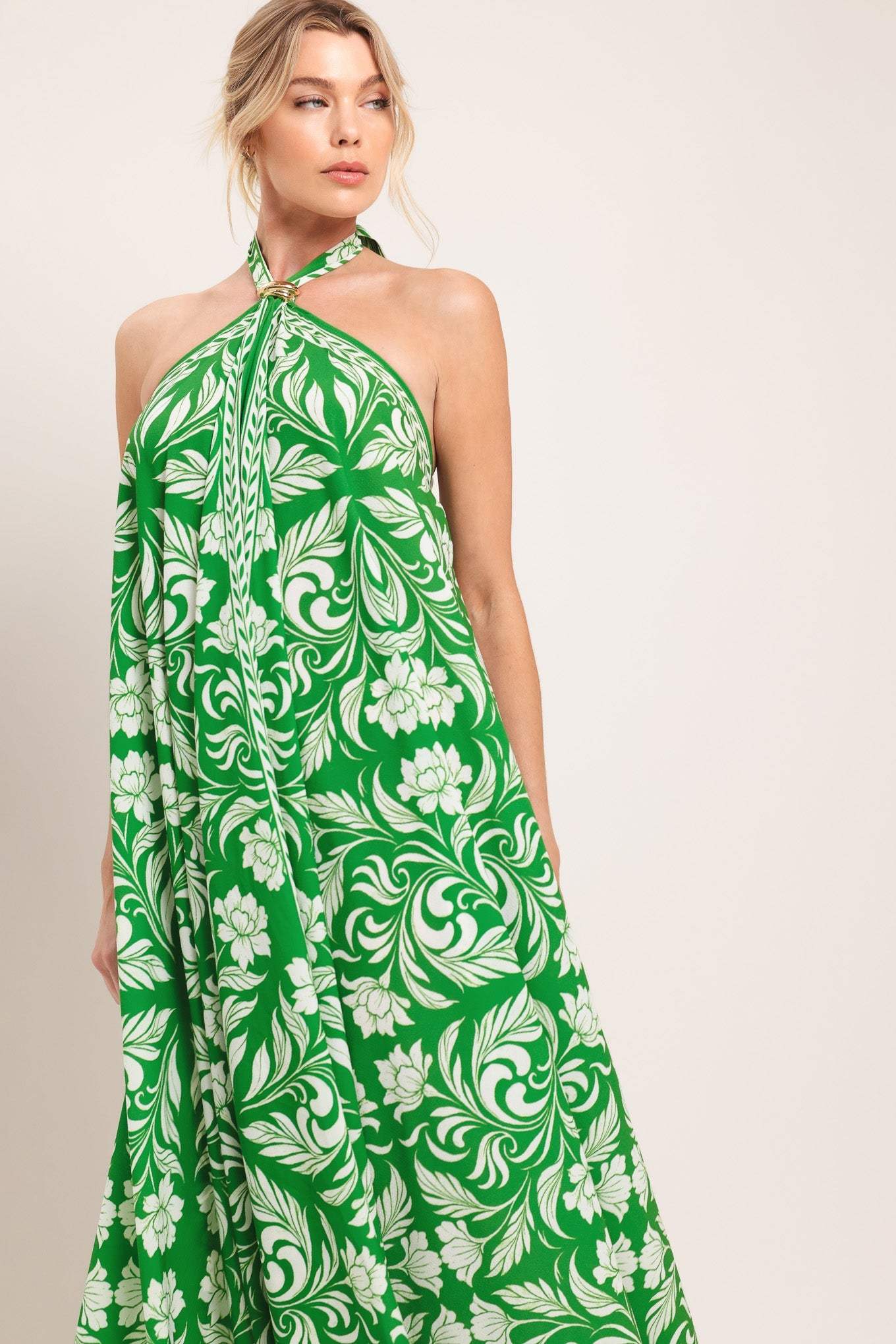 EMERALD BLOOM WOVEN MIDI SCARF DRESS - Flying Tomato - Flyclothing LLC