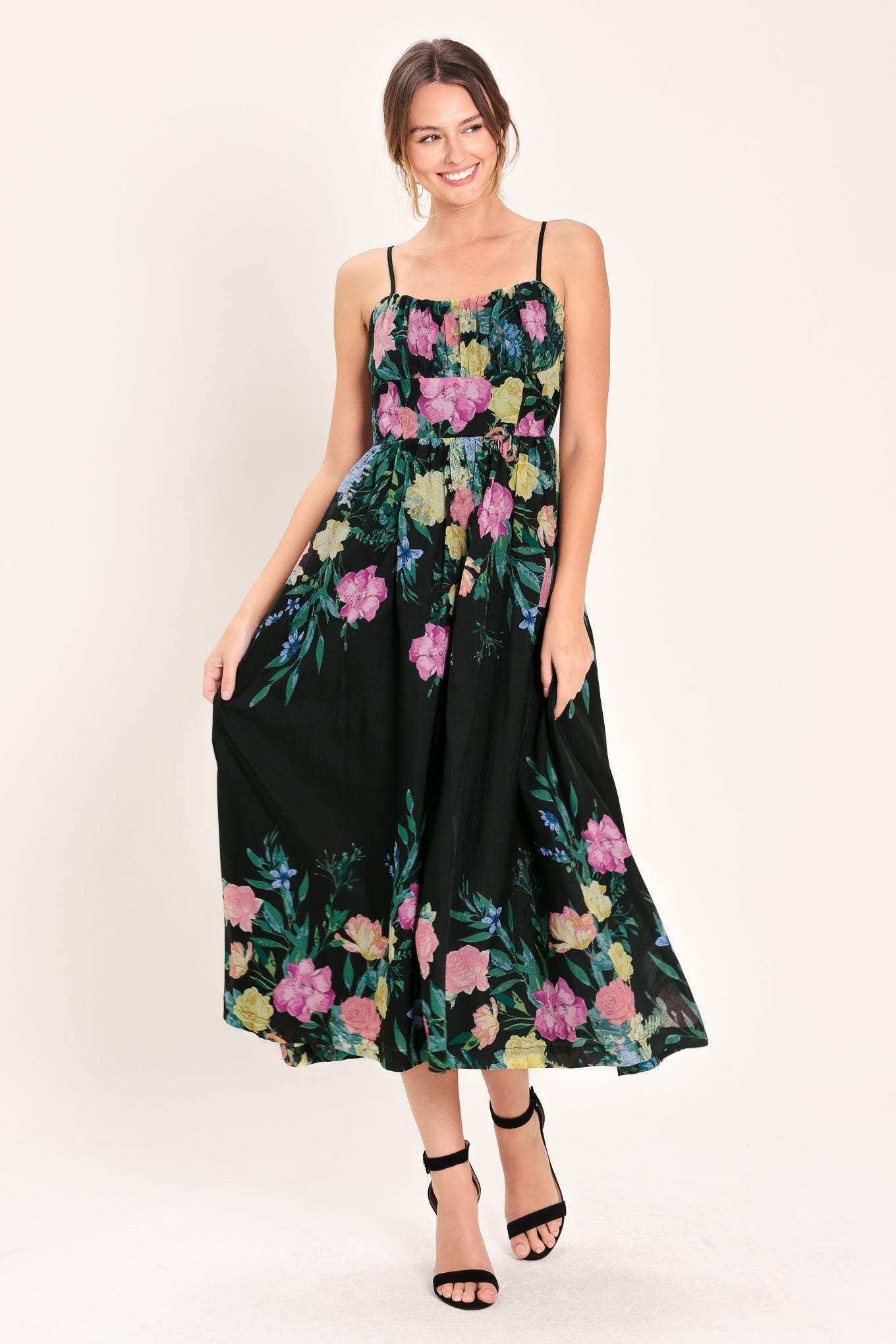 SHADOW FLORAL WOVEN MIDI DRESS - Flying Tomato - Flyclothing LLC