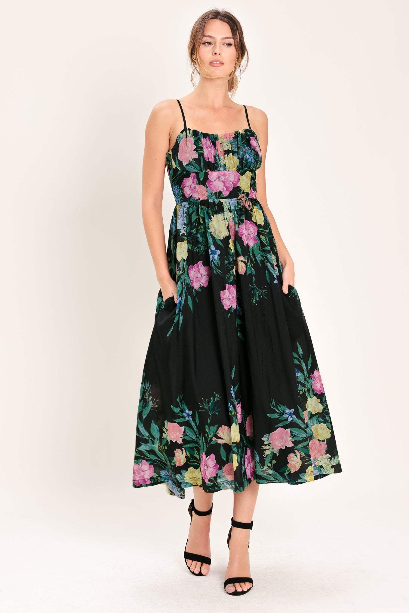 SHADOW FLORAL WOVEN MIDI DRESS - Flying Tomato - Flyclothing LLC