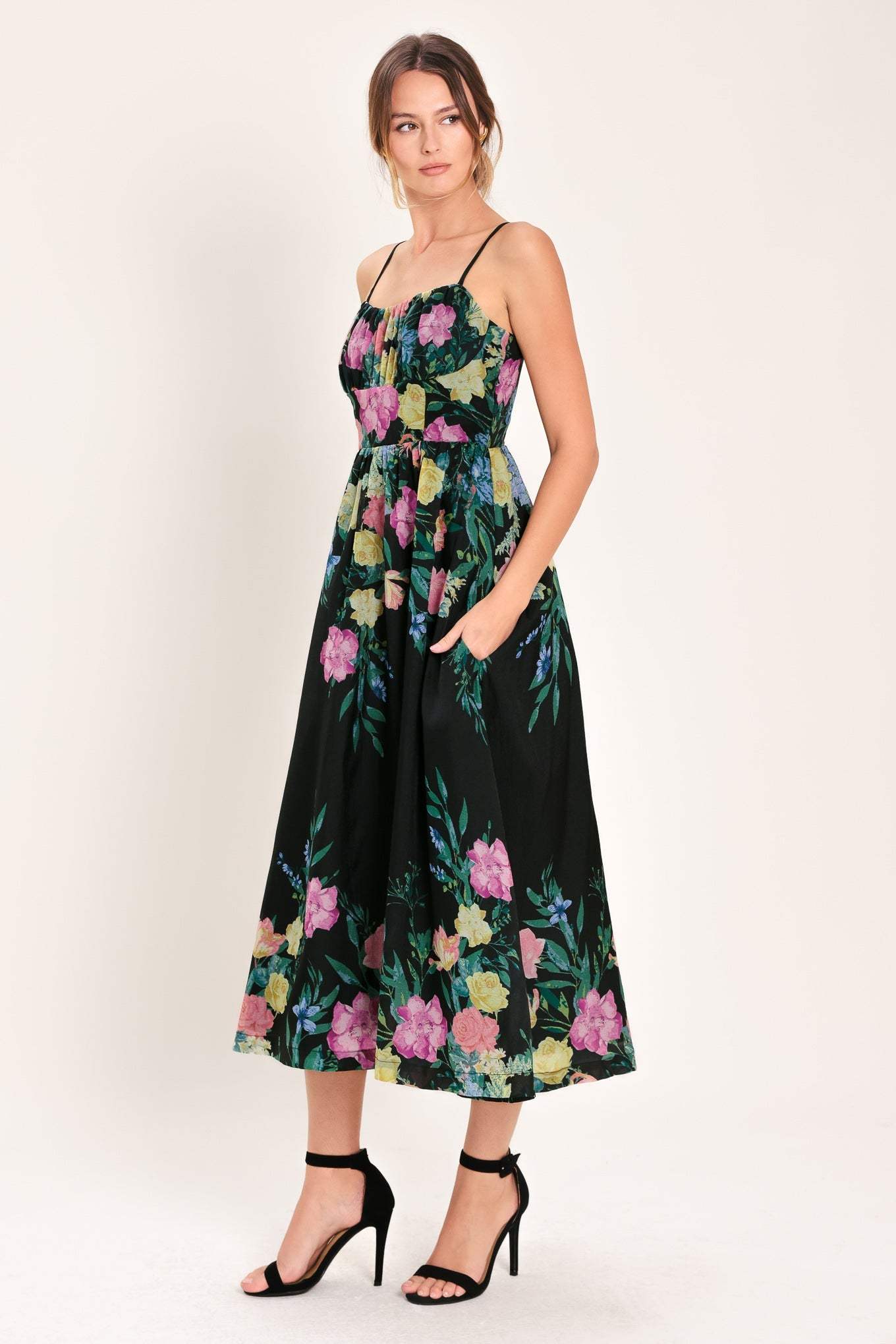 SHADOW FLORAL WOVEN MIDI DRESS - Flying Tomato - Flyclothing LLC