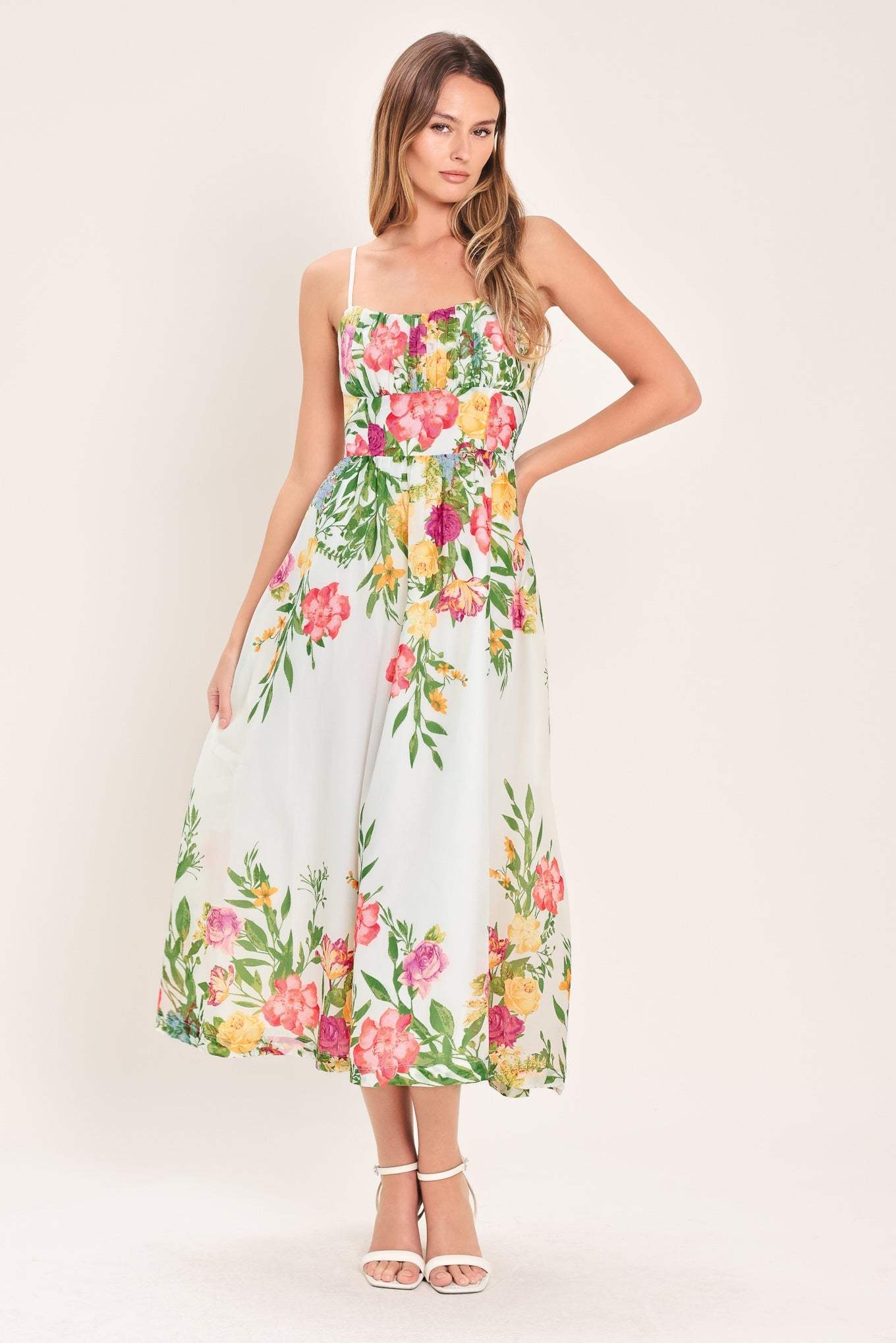 SHADOW FLORAL WOVEN MIDI DRESS - Flying Tomato - Flyclothing LLC