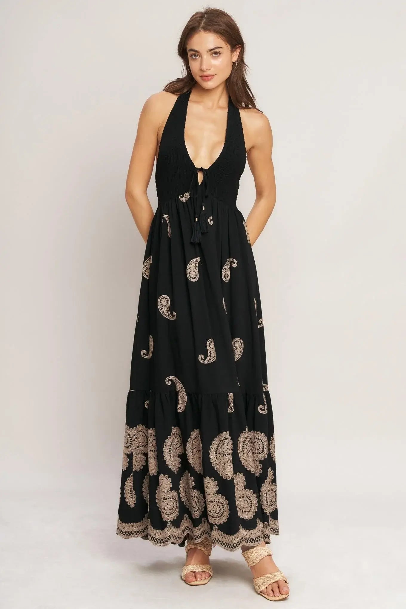MIDNIGHT CHARM WOVEN MIDI DRESS - Flying Tomato - Flyclothing LLC