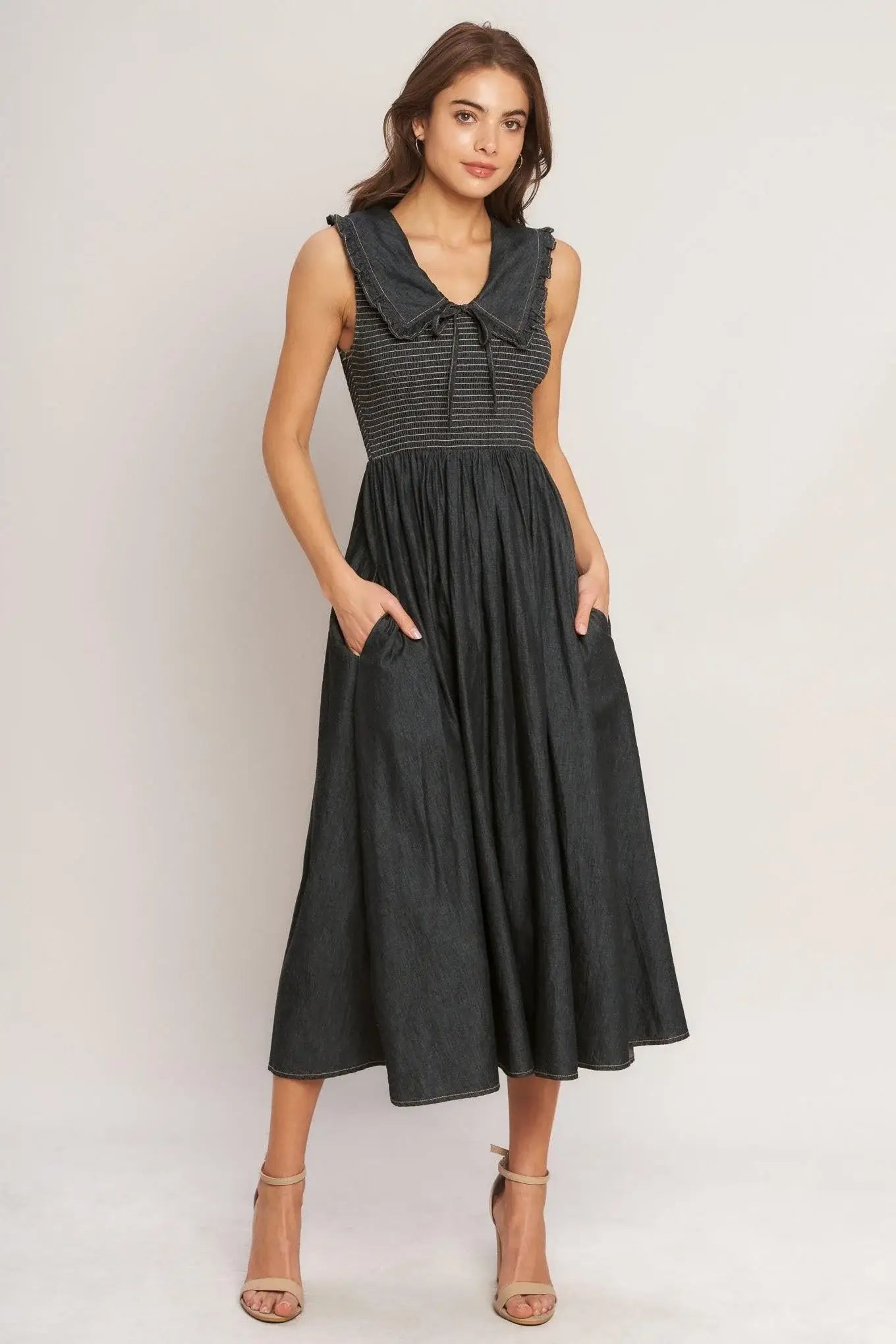 DARK ELEGANCE WOVEN MIDI DRESS - Flying Tomato - Flyclothing LLC
