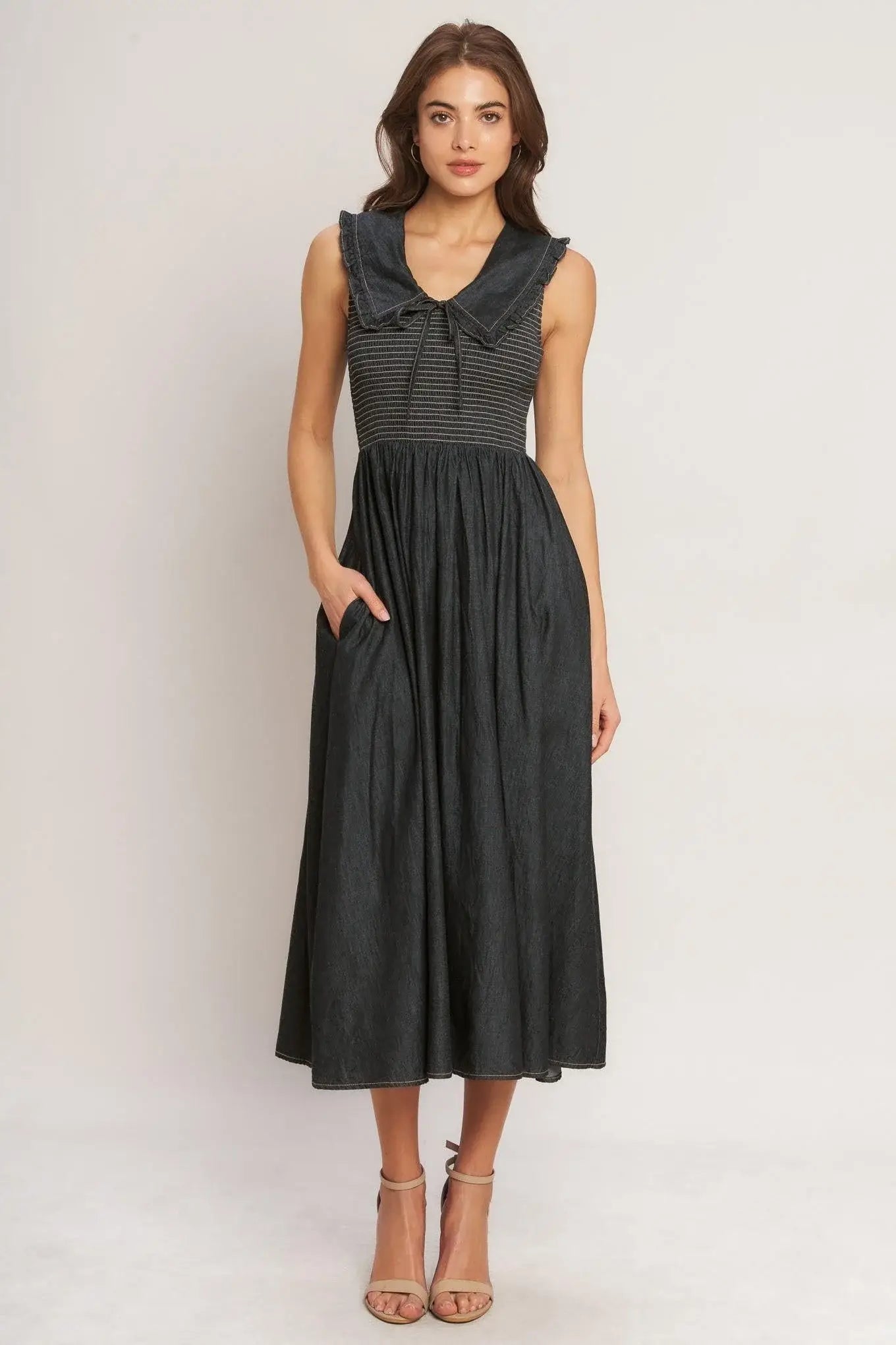 DARK ELEGANCE WOVEN MIDI DRESS - Flying Tomato - Flyclothing LLC
