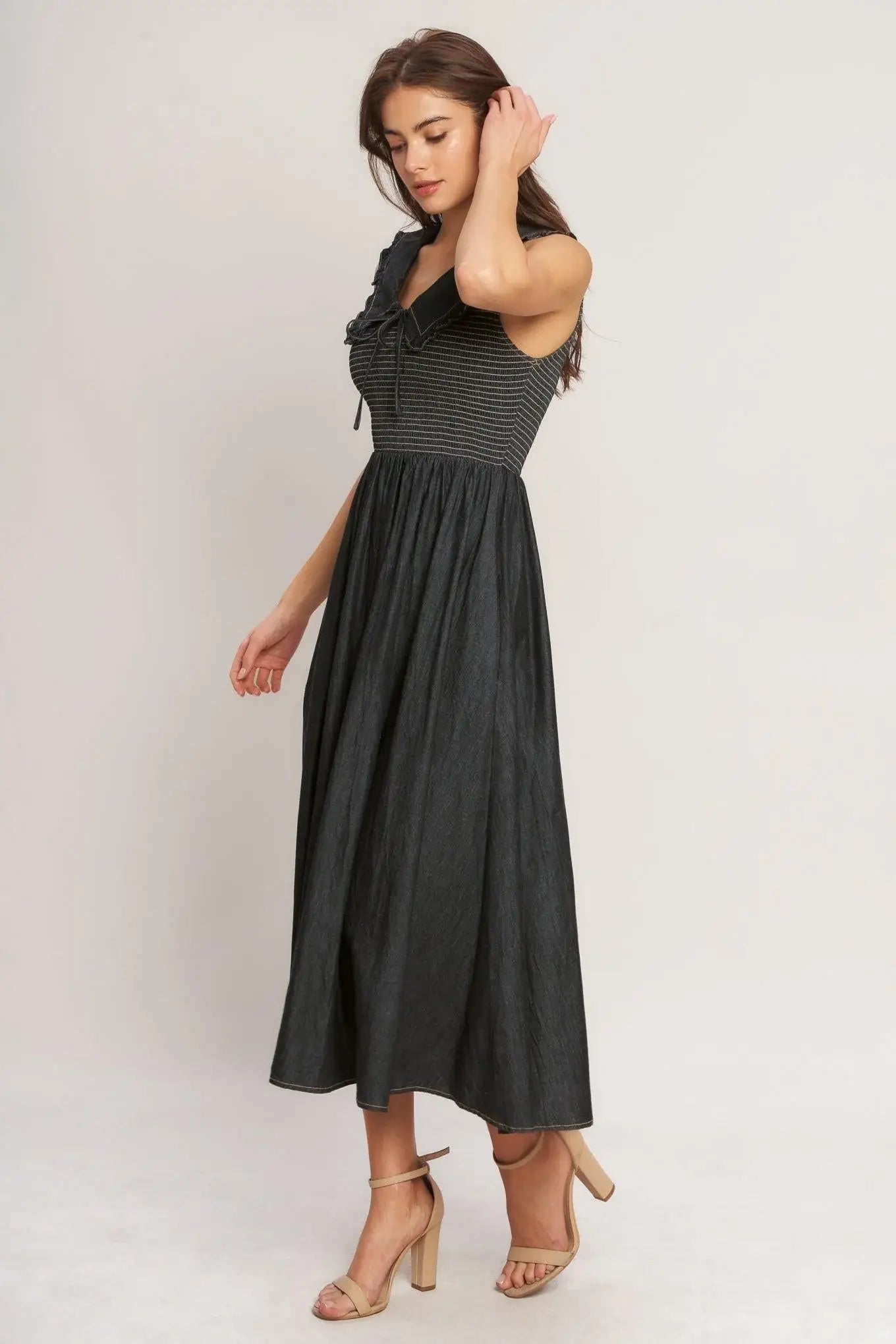 DARK ELEGANCE WOVEN MIDI DRESS - Flying Tomato - Flyclothing LLC