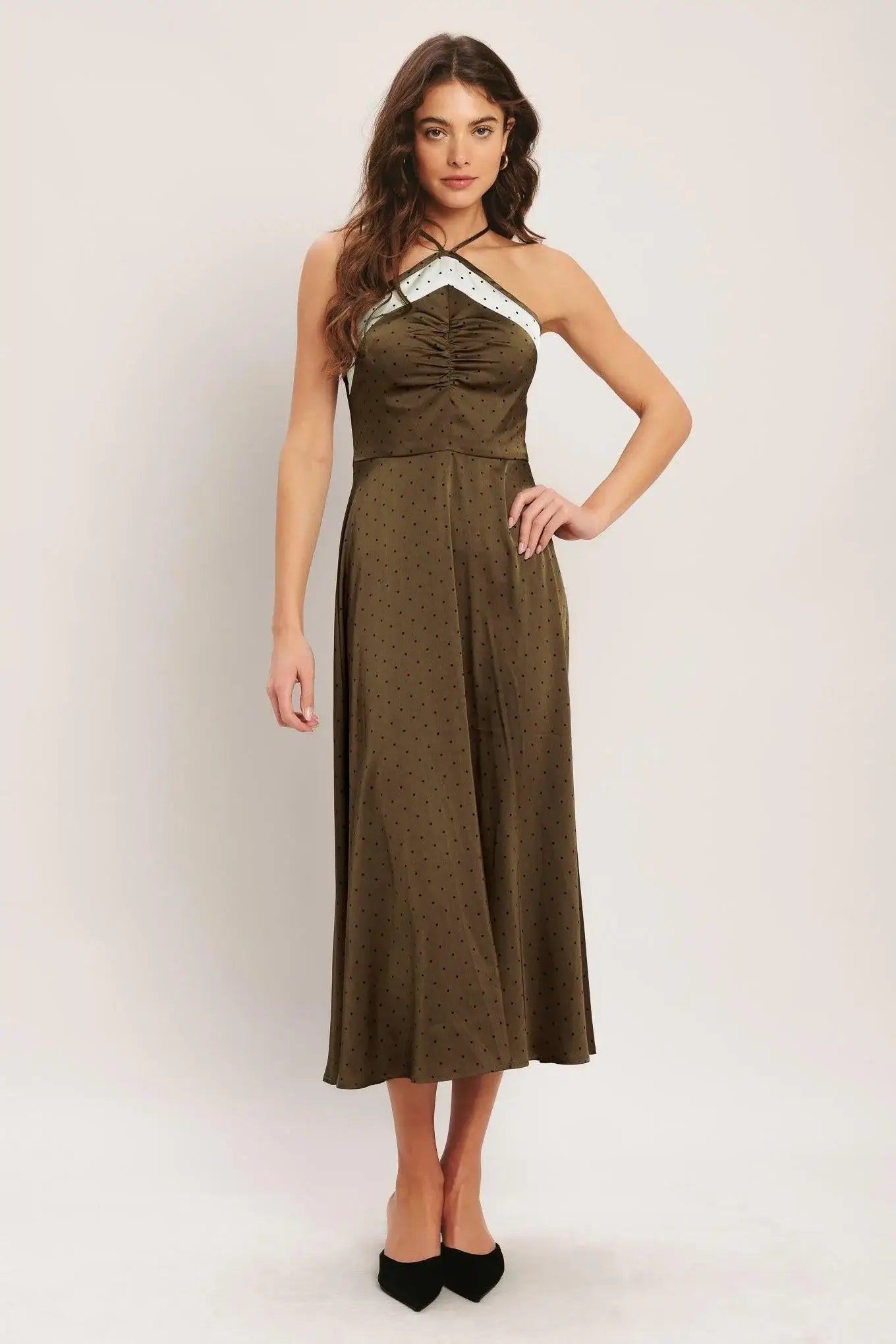 ESPRESSO CHIC WOVEN SATIN MIDI DRESS - Flying Tomato - Flyclothing LLC