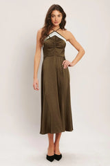 ESPRESSO CHIC WOVEN SATIN MIDI DRESS - Flying Tomato - Flyclothing LLC