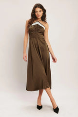 ESPRESSO CHIC WOVEN SATIN MIDI DRESS - Flying Tomato - Flyclothing LLC