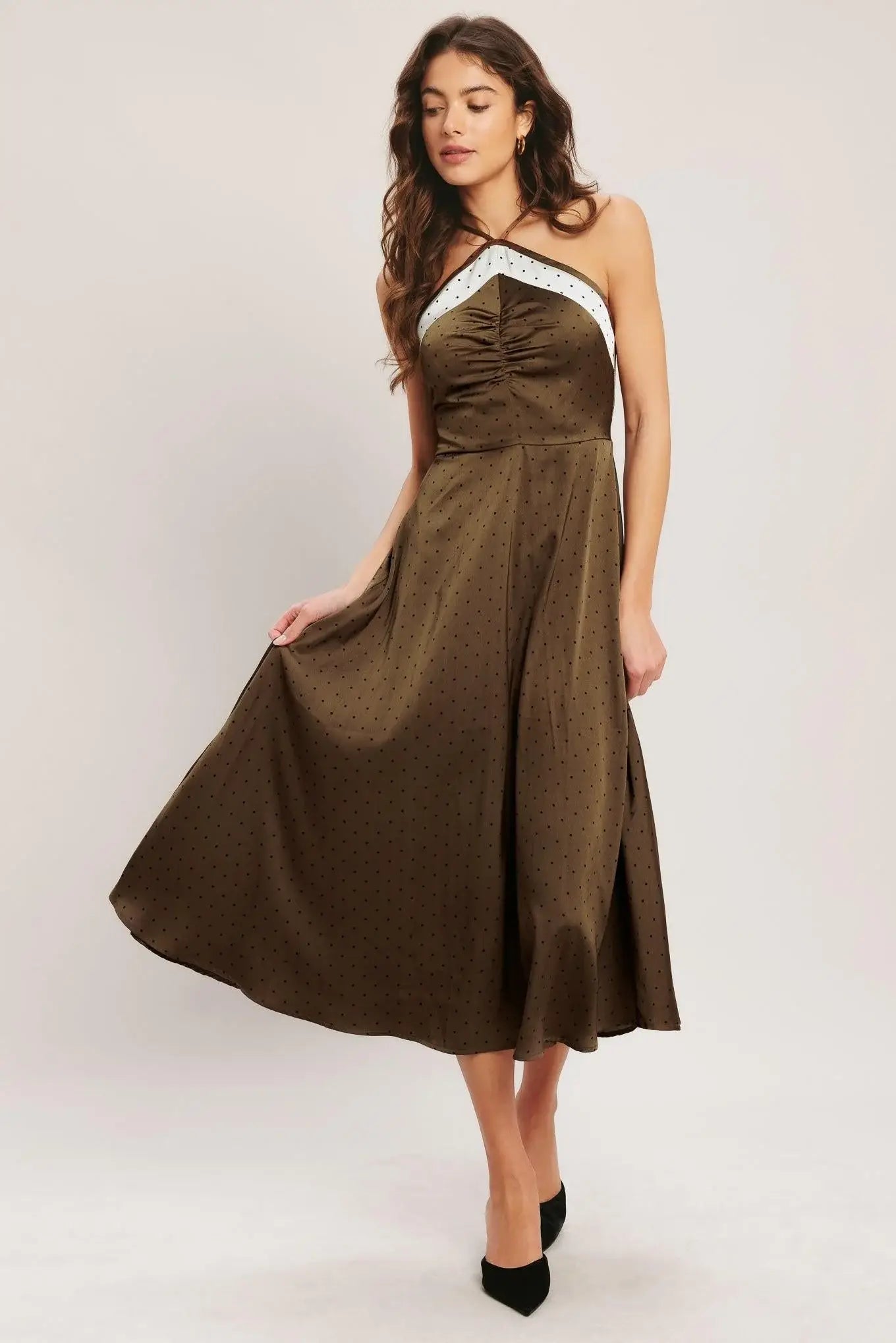 ESPRESSO CHIC WOVEN SATIN MIDI DRESS - Flying Tomato - Flyclothing LLC