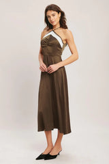 ESPRESSO CHIC WOVEN SATIN MIDI DRESS - Flying Tomato - Flyclothing LLC