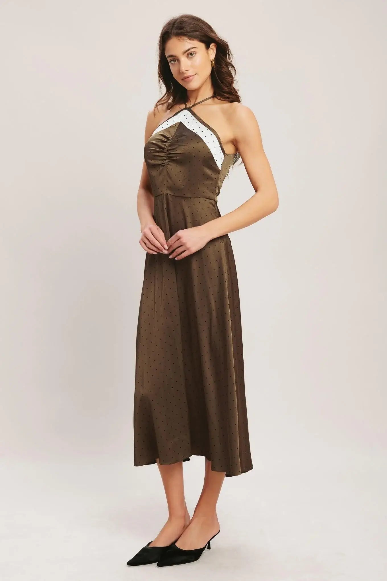 ESPRESSO CHIC WOVEN SATIN MIDI DRESS - Flying Tomato - Flyclothing LLC