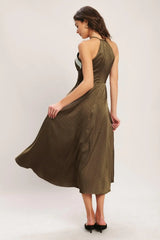 ESPRESSO CHIC WOVEN SATIN MIDI DRESS - Flying Tomato - Flyclothing LLC