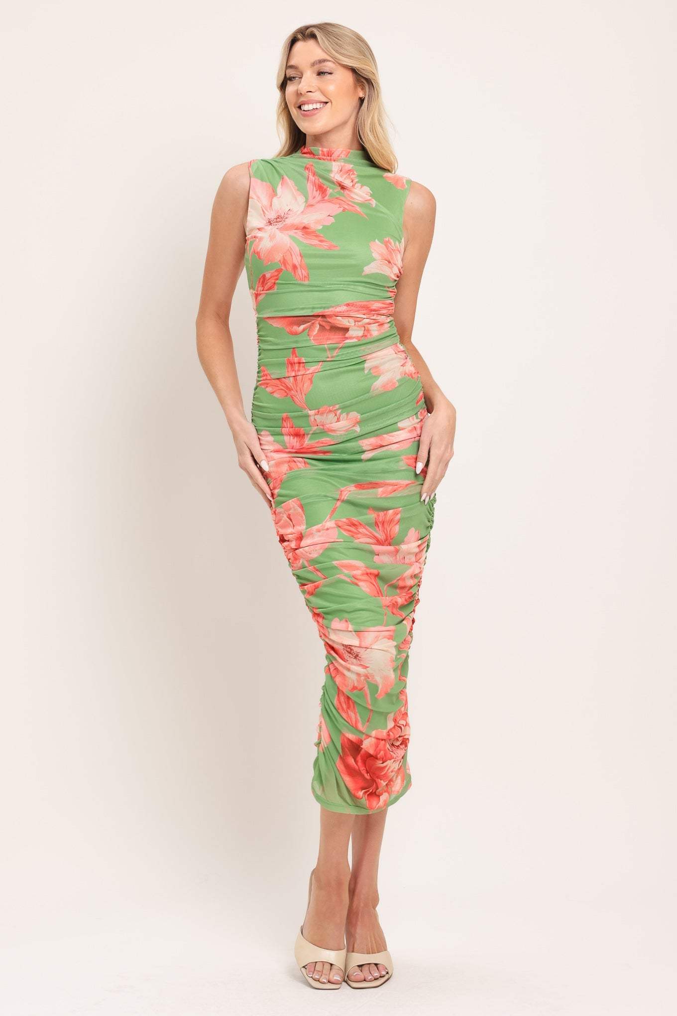 PARADISE GLOW POWER MESH MIDI DRESS - Flying Tomato - Flyclothing LLC
