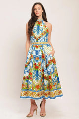CERAMIC FLORA WOVEN MIDI DRESS - Flying Tomato - Flyclothing LLC