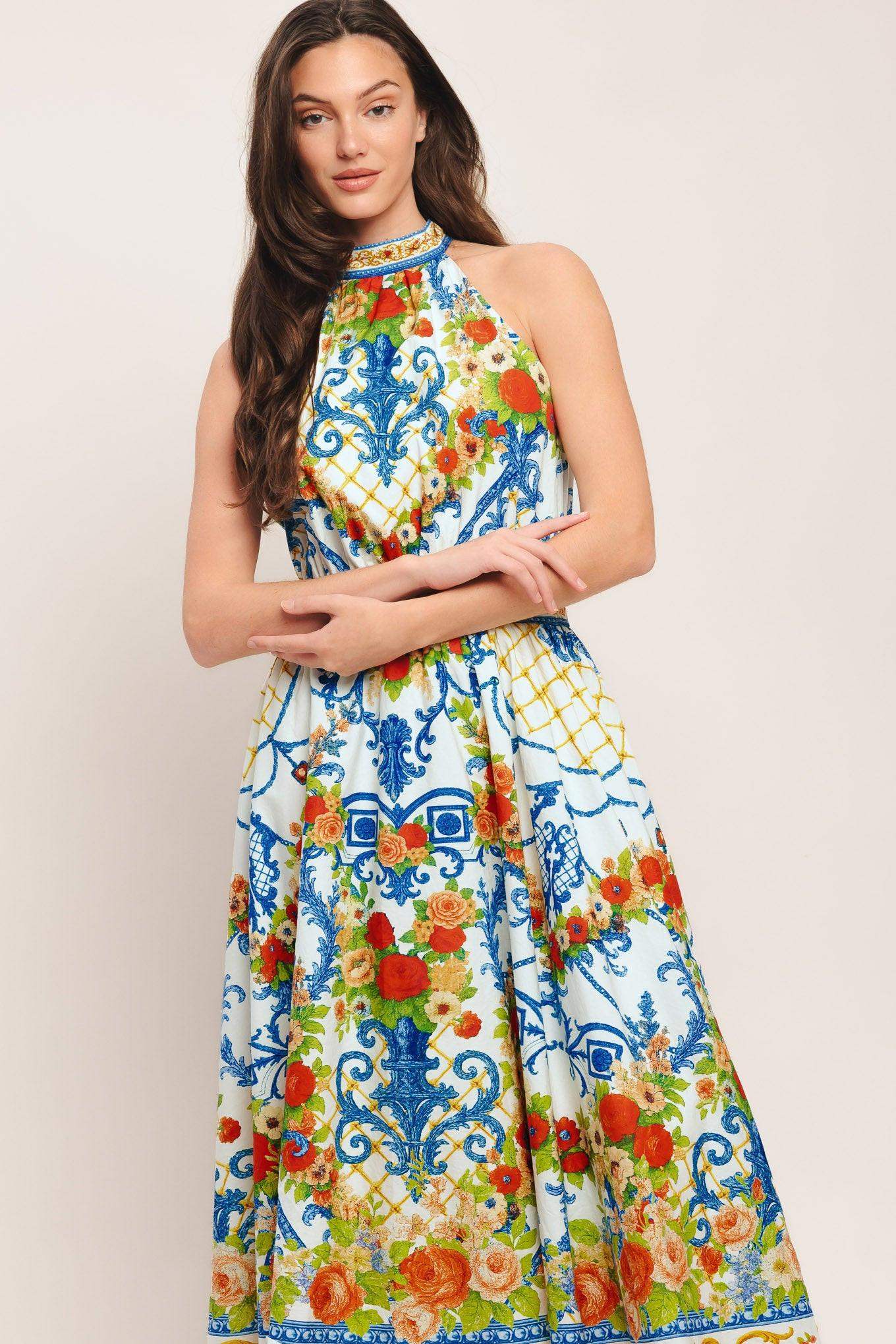 CERAMIC FLORA WOVEN MIDI DRESS - Flying Tomato - Flyclothing LLC