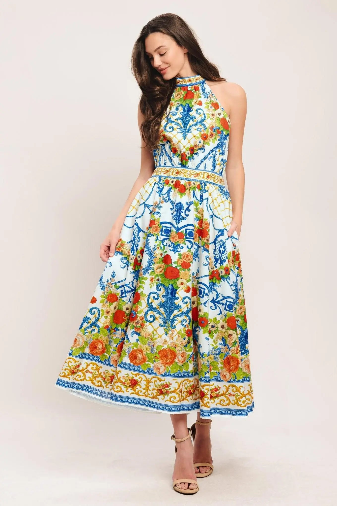 CERAMIC FLORA WOVEN MIDI DRESS - Flying Tomato - Flyclothing LLC