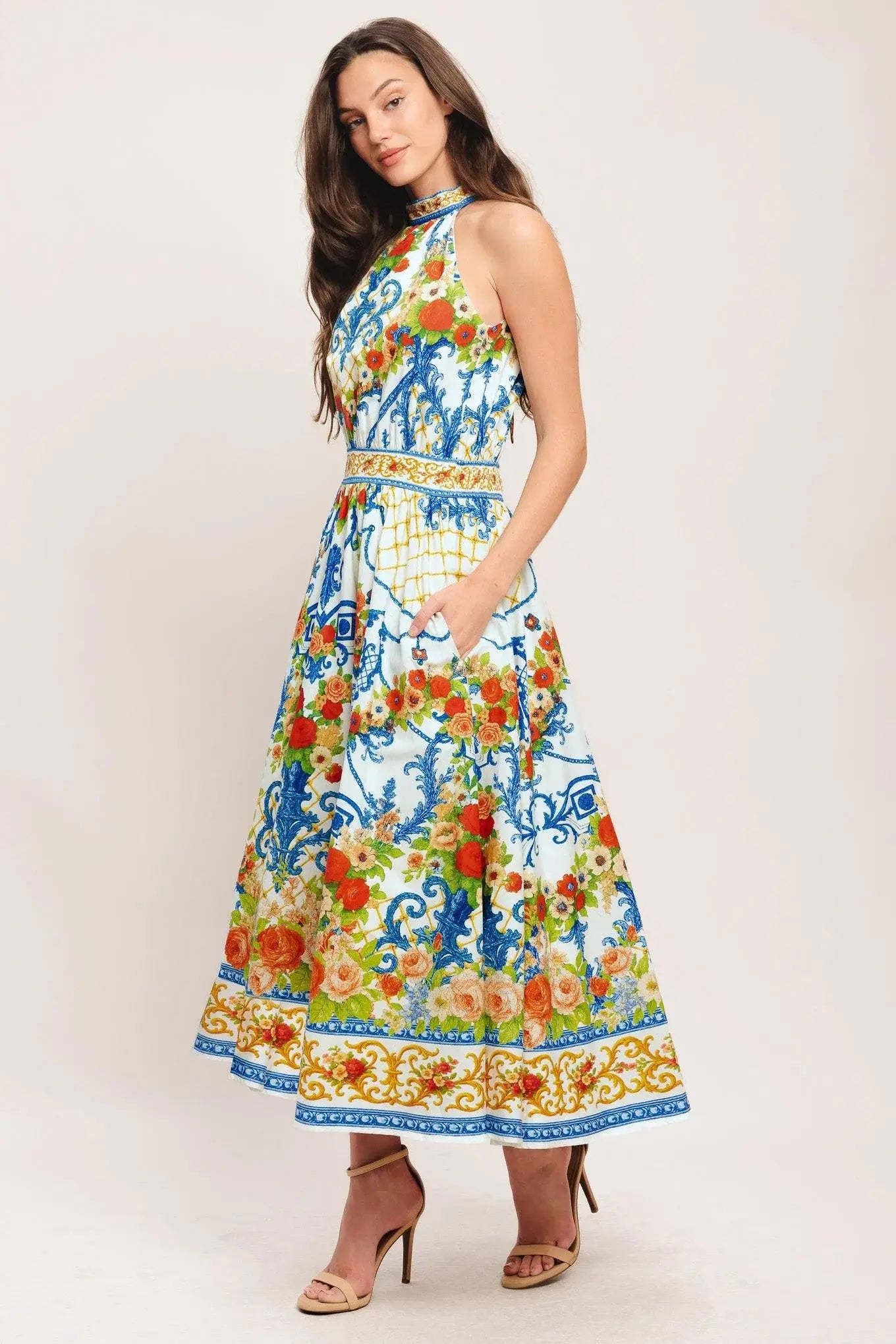 CERAMIC FLORA WOVEN MIDI DRESS - Flying Tomato - Flyclothing LLC