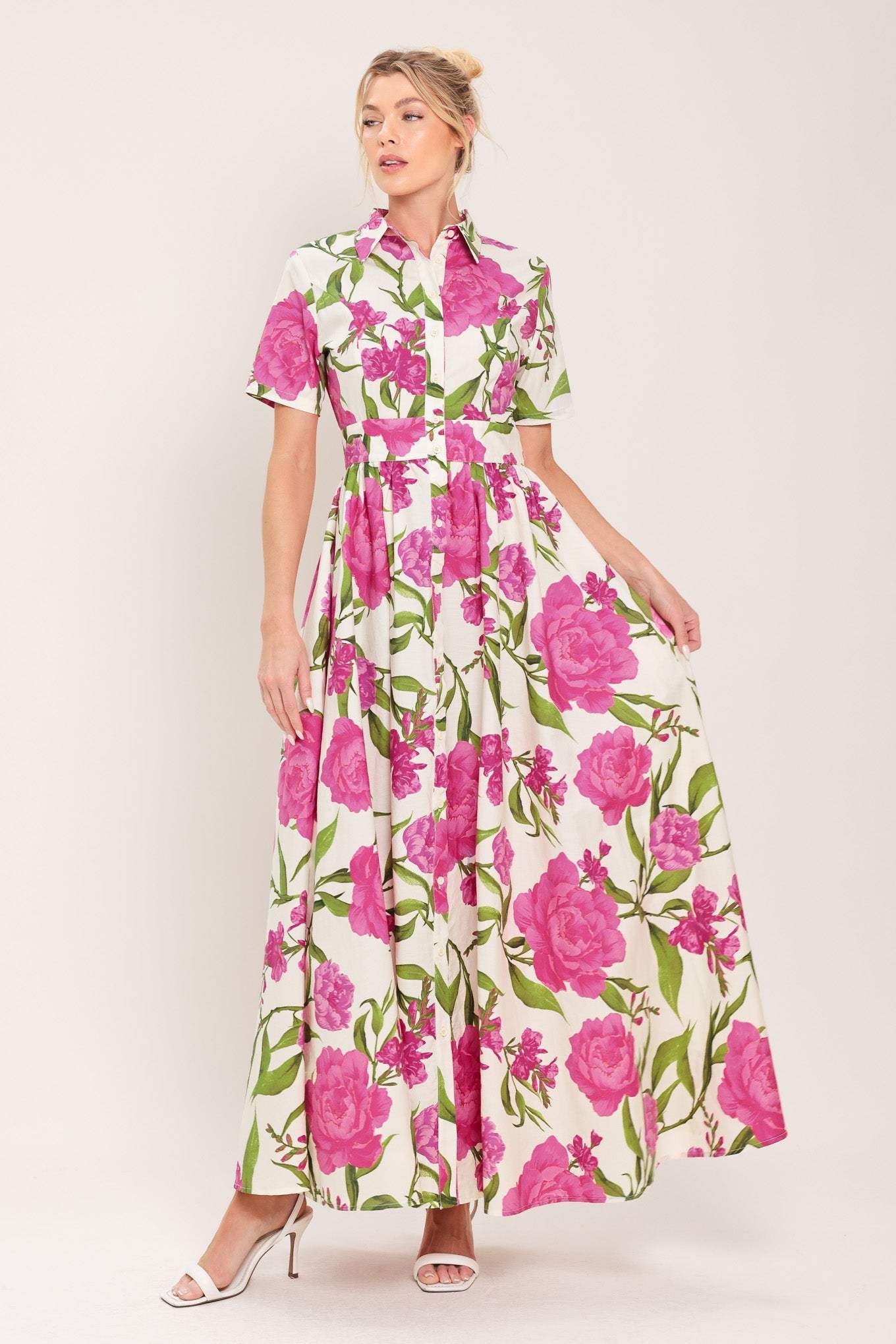 BLOOMING ROSE WOVEN MAXI SHIRT DRESS - Flying Tomato - Flyclothing LLC