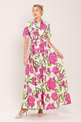 BLOOMING ROSE WOVEN MAXI SHIRT DRESS - Flying Tomato - Flyclothing LLC