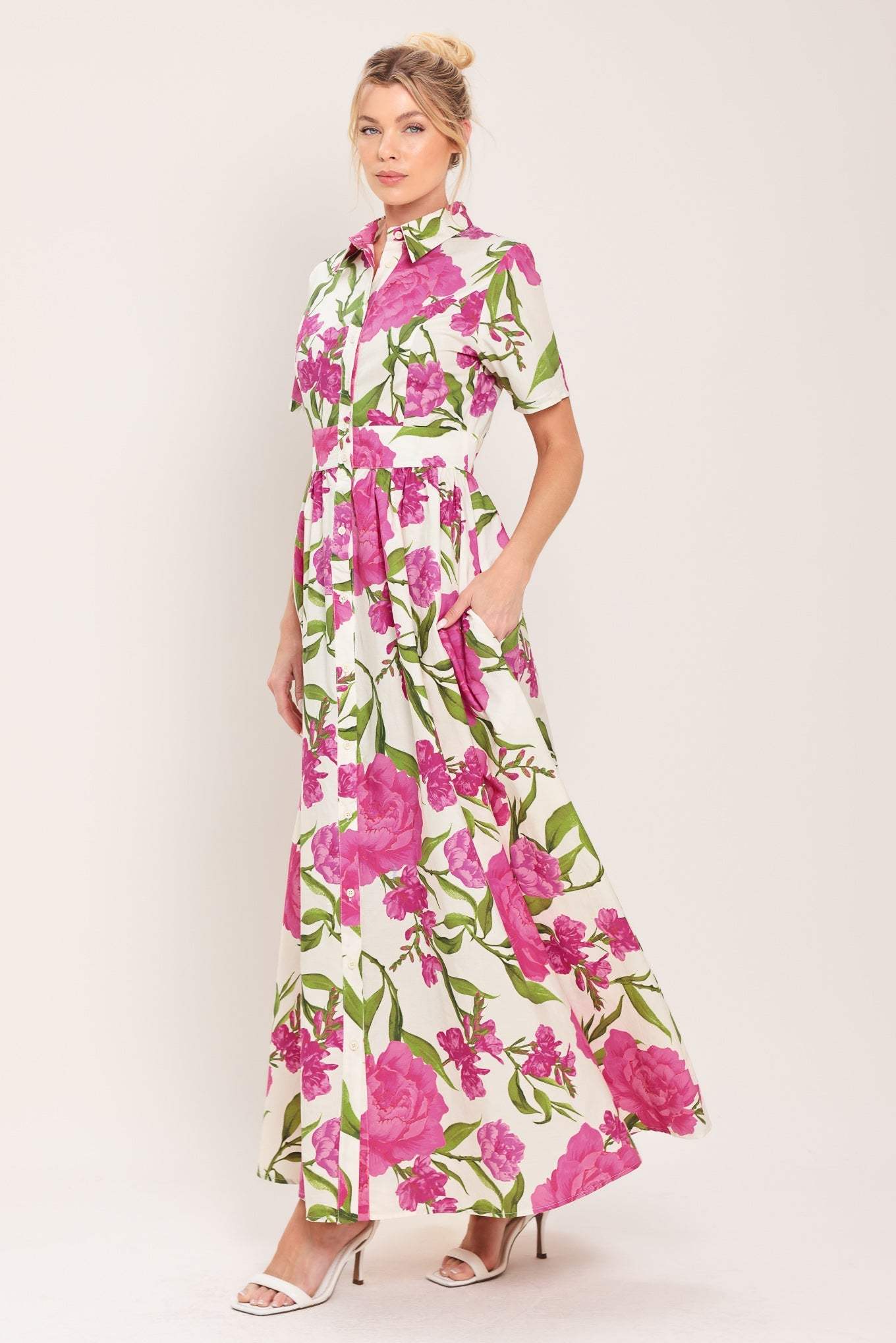 BLOOMING ROSE WOVEN MAXI SHIRT DRESS - Flying Tomato - Flyclothing LLC