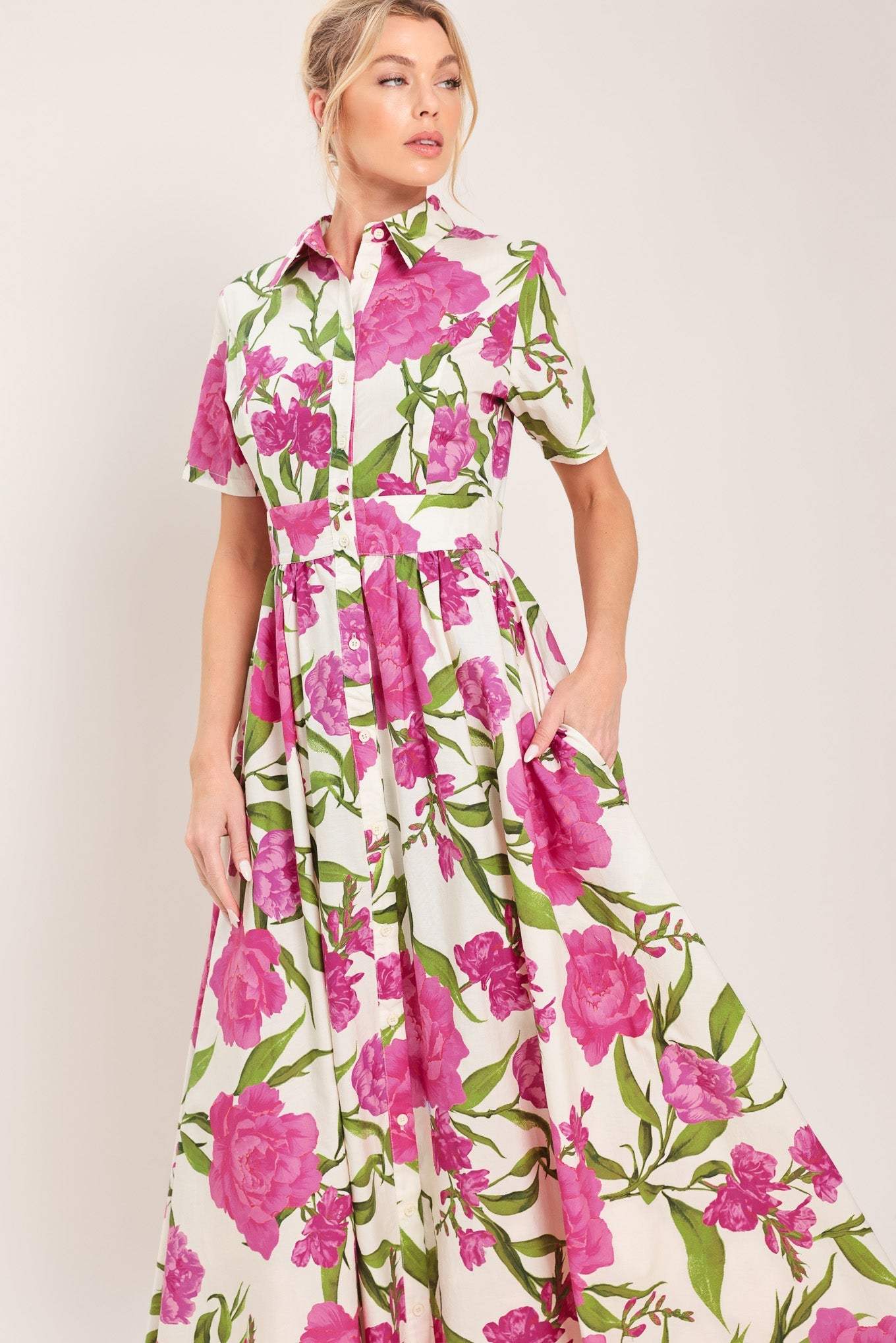 BLOOMING ROSE WOVEN MAXI SHIRT DRESS - Flying Tomato - Flyclothing LLC